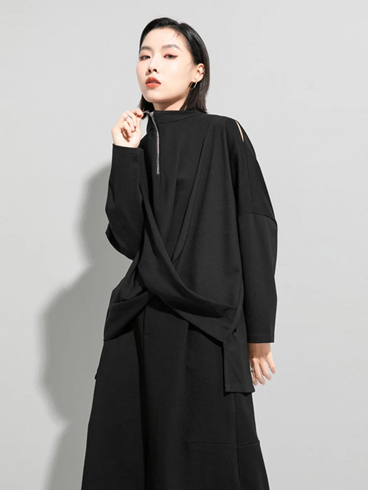 [EAM] Black Irregular Knot Sweatshirt New Stand Collar Long Sleeve Women Big Size Fashion Tide Spring Autumn 2026 1DJ1848
