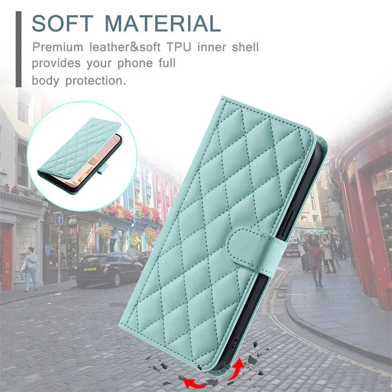 Crossbody Checkered Leather Wallet Case For Samsung Galaxy S24 Ultra S23 Plus S22 S21 FE A55 A25 A35 A15 Lanyard Flip Bag Cover