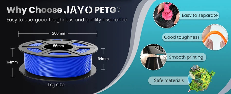 JAYO PETG/PETG Clear 3D Printer Filament 1.75 ±0.02mm 1.1kg/roll High Toughness Neatly Wound Filament Fit Most FDM Printer
