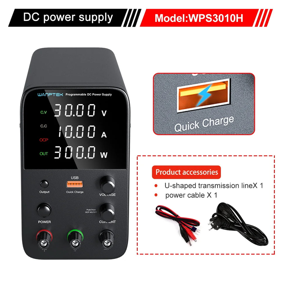 Wanptek Adjustable DC Power Supply 30V 60V 5A 10A Lab Bench Power Supply USB Interface Fast Charging Preset Voltage and Current
