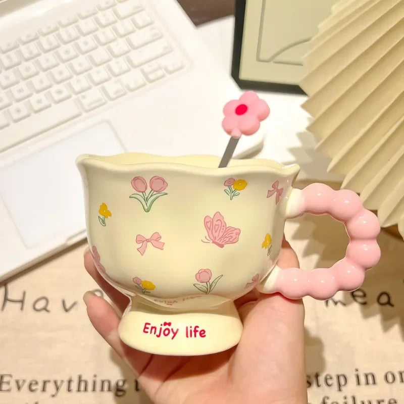 Girls Souvenir Coffee Mug Household Ceramic Cup High Quality Cup Mugs Coffee Miilk Cups Water Cup Birthday Gift Creative Flower