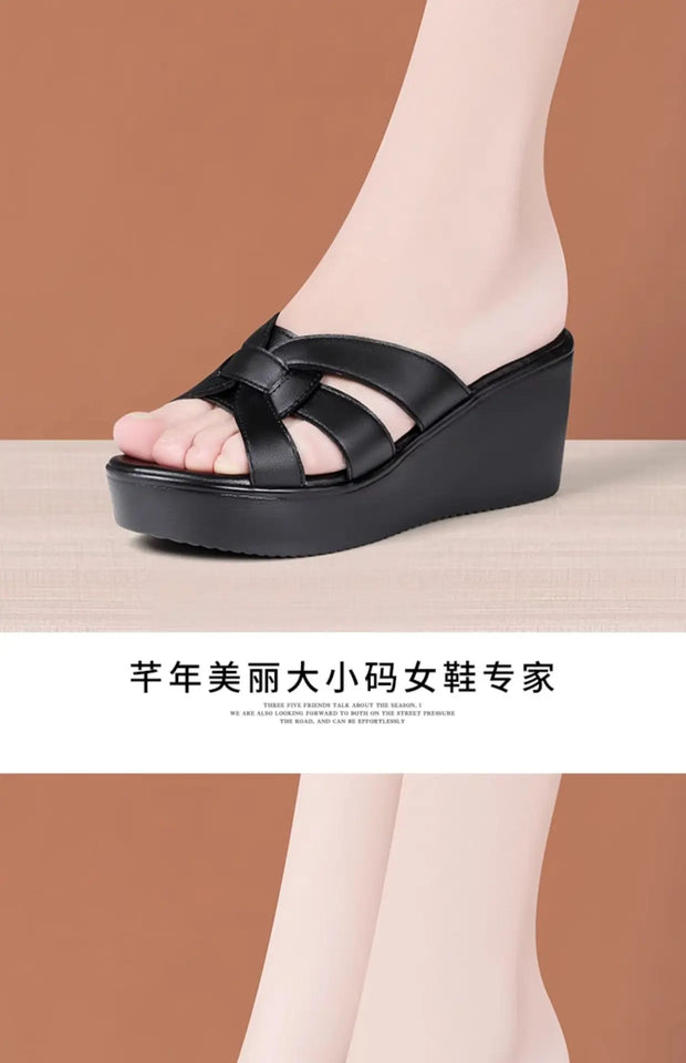High quality summer leather wedge sandals for women 6cm mid heel new 2025 size 32 33 42 43 platform open toe elegant shoe black