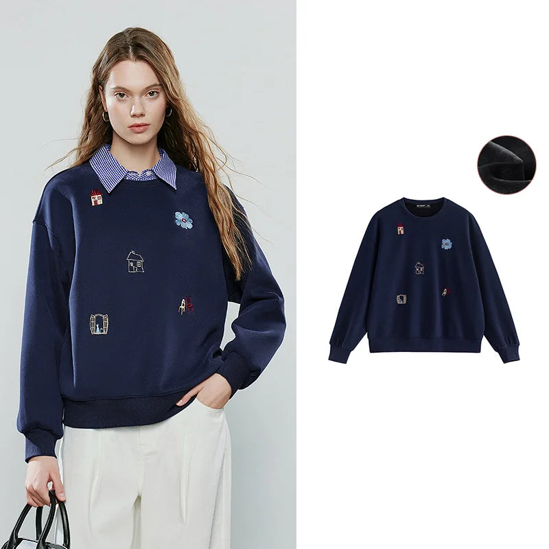 TOYOUTH Women Warm Hoodies Sweatshirt 2025 Winter New Cotton Cartoon Embroidery Age-Reducing Tops