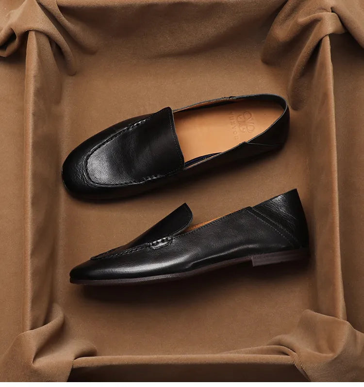 SHOEBOX Retro flat woman loafers new fashion style for spring and autumn 2025, shallow-mouth round-toe genuine leather shoes