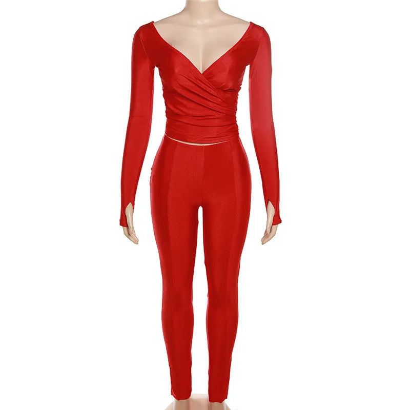 Three Sisters New Arrivals Autumn Winter Fashion Casual Home Solid Color Long Sleeve V-neck Ladies Two Piece Sets Pantsuits