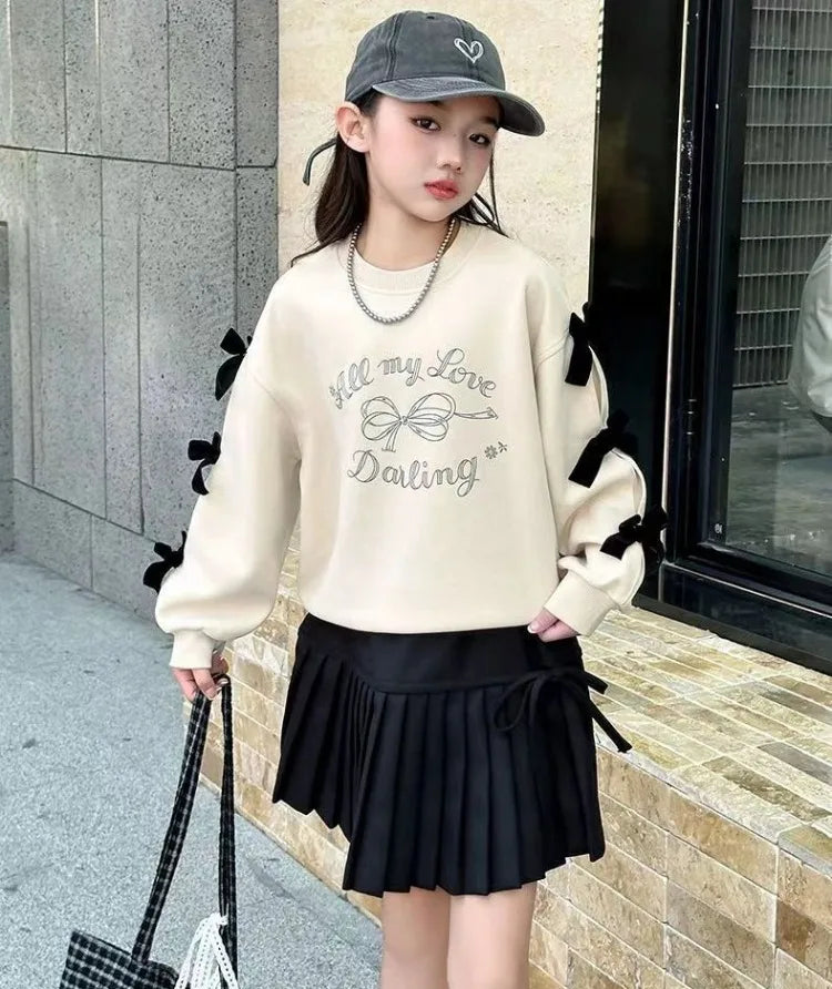 Girls' 2025 New Spring/Autumn Long Sleeve Bowknot Loose Fit Stylish Korean Style Mid-Big Kids Sweatshirt