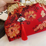 Chinese Style Embroidered Snap-button Shoulder Bags Cheongsam Traditional Exquisite Women's Handbag Red Bridal Pearl Wedding Bag