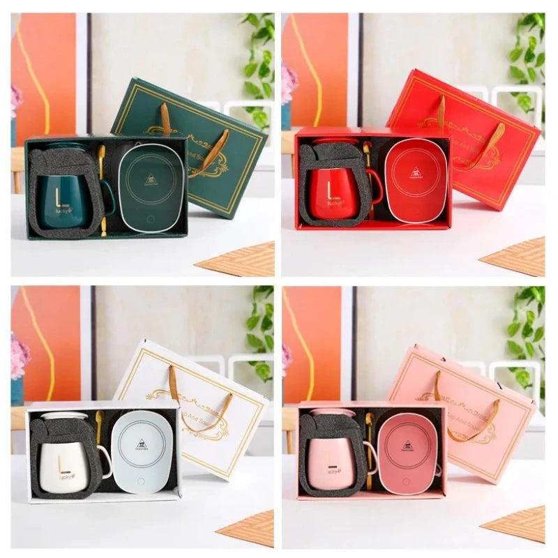 A1 55℃ Smart Heated Coffee Mug Set with Warmer Pad, Auto Keep Warm, Cute Design, Perfect Gift for Office Workers, All-Season Use