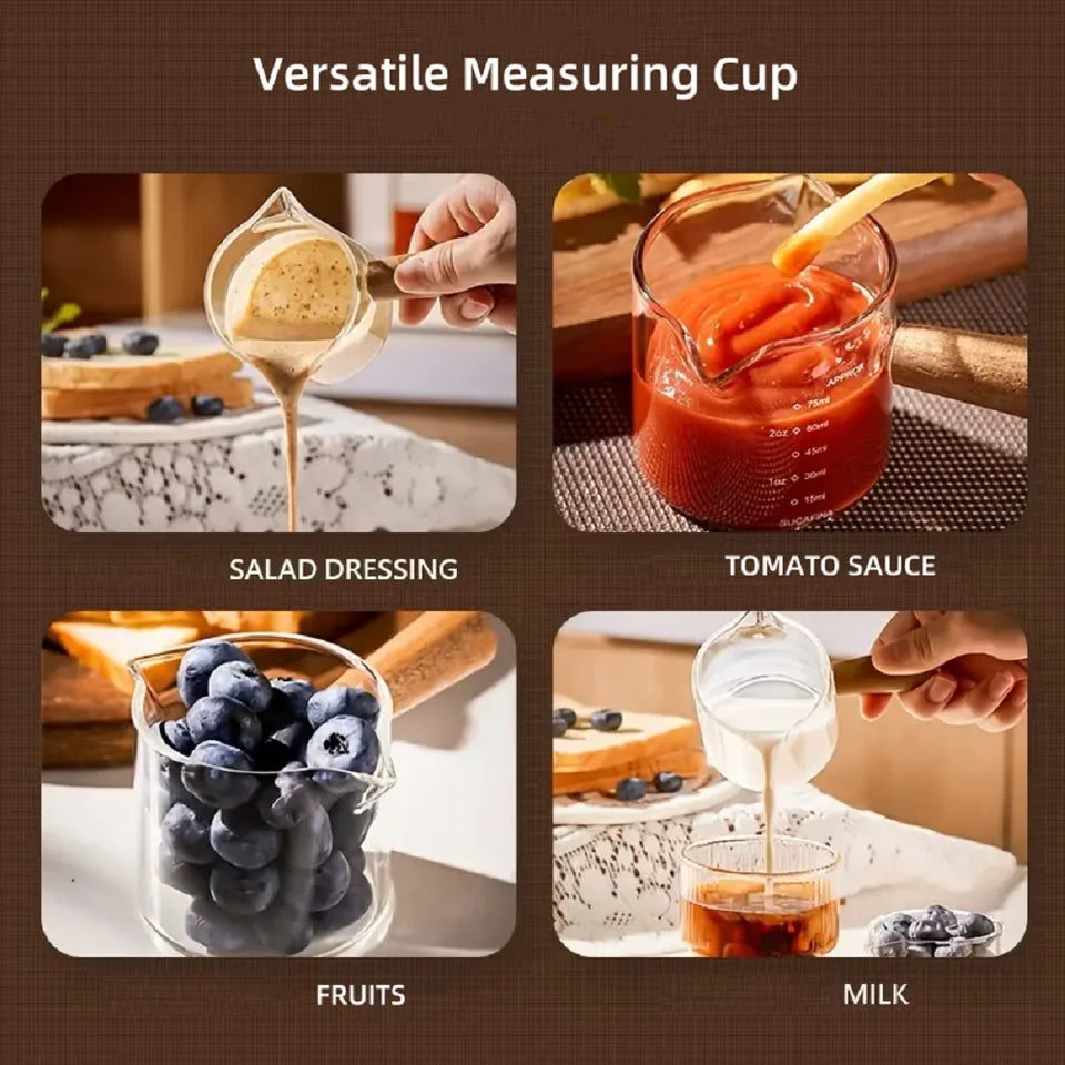 Small Measuring Cup With Scales, Wooden Handle Cup for Expresso Coffee, Milk & Sauce, Kitcken Utensil for Home & Cafe