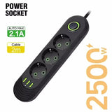 2500W Power Strip with 3USB Ports EU Plug Socket 2m Extension Cable Fast Charging Round Pin AC Outlet Electrical Charger Adapter
