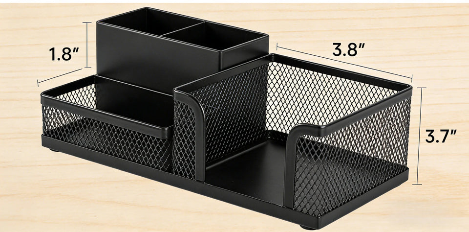 Desktop Accessories Storage Caddy, Black Wire Mesh Desk Organizer with 3 Compartments, Pencil Holder and Storage Baskets