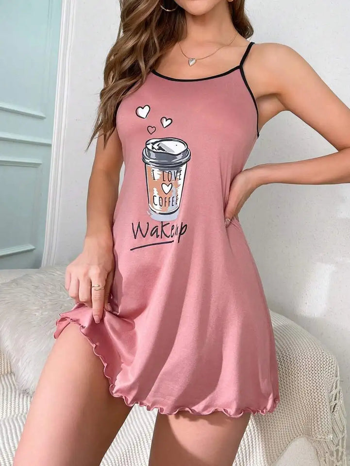 New Womens Summer Cute Coffee Letter Print Sleep Dress Spaghetti Strap Mini Cami Nightgown Lettuce Hem Contrast Trim Loungewear