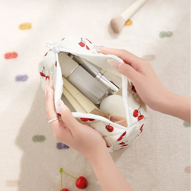 Storage Organizer Cherry Printing Makeup Bag Quilted Cosmetic Pouch Large Travel Cosmetic Bag Cute Cotton Makeup Pouch