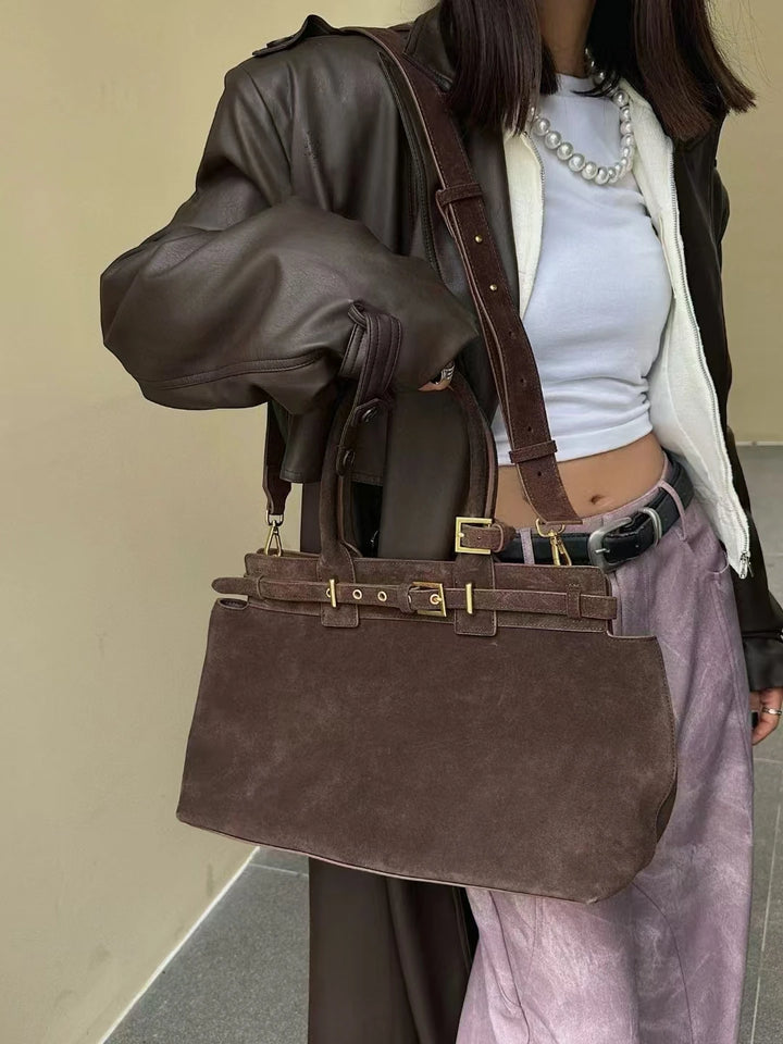 Winter Matte Coffee Camel Grey Large Tote Russian Style Real Suede Cow Leather Women Handbag Nubuck Commuter Office Shoulder Bag