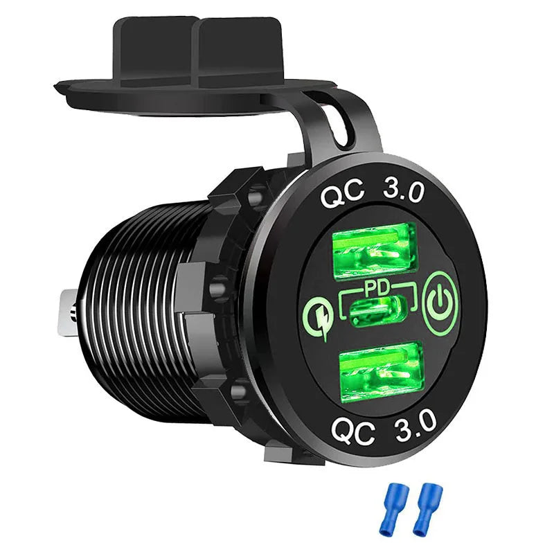 12V/24V Triple USB C Car Charger Socket USB Outlets PD & 18W QC3.0 Aluminum Metal Car Socket Adapter with Touch Switch