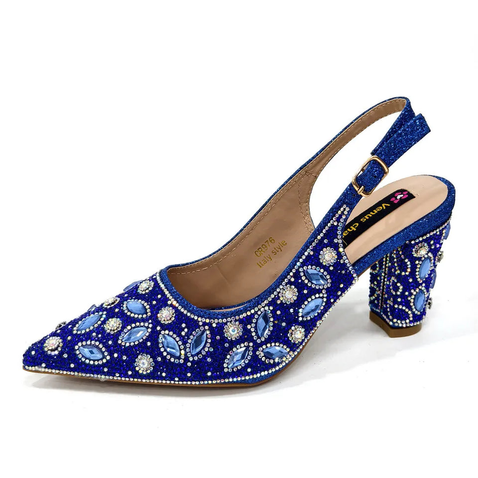 Elegant And Sexy Golden Color High Heels Shoes And Bag With Rhinestone Embellished Toe Is Comfortable Women's Shoes For Party