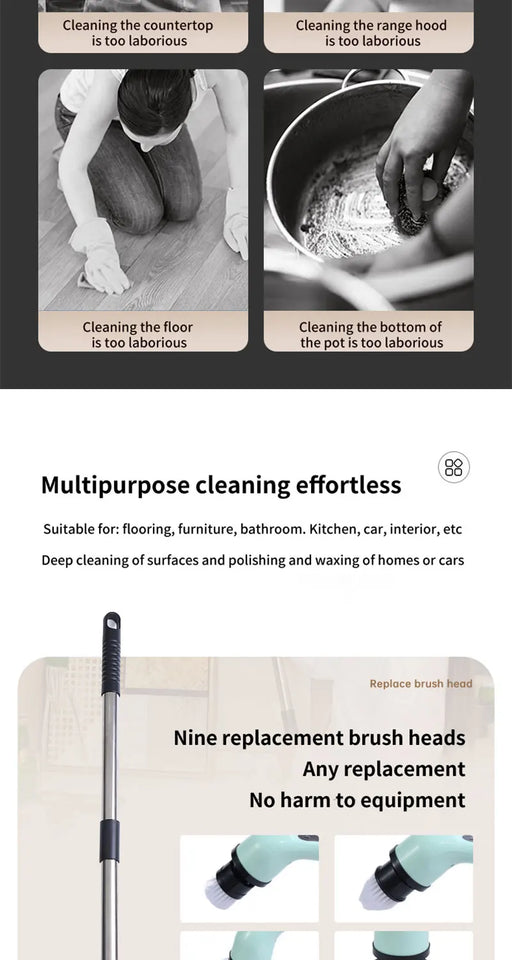 Electric Spin Scrubber 9-in-1 Cordless Rechargeable with 9 Brush Heads, Multipurpose Cleaner for Bathroom Kitchen Floor
