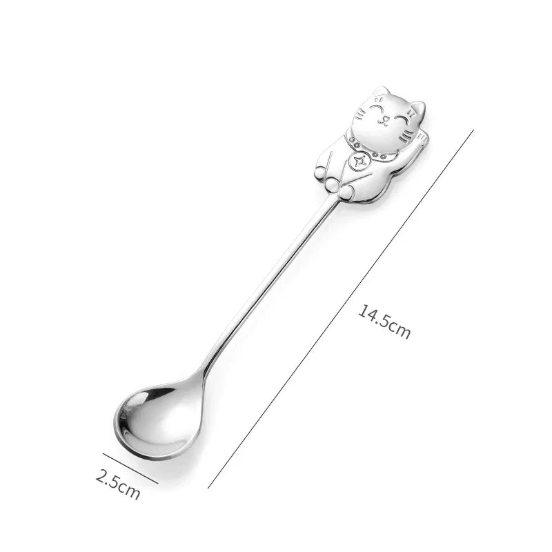 Stainless Steel Coffee Spoon Cute Lucky Cat Shape Teaspoon Dessert Snack Scoop Ice Cream Mini Spoons Tableware Kitchen Tools