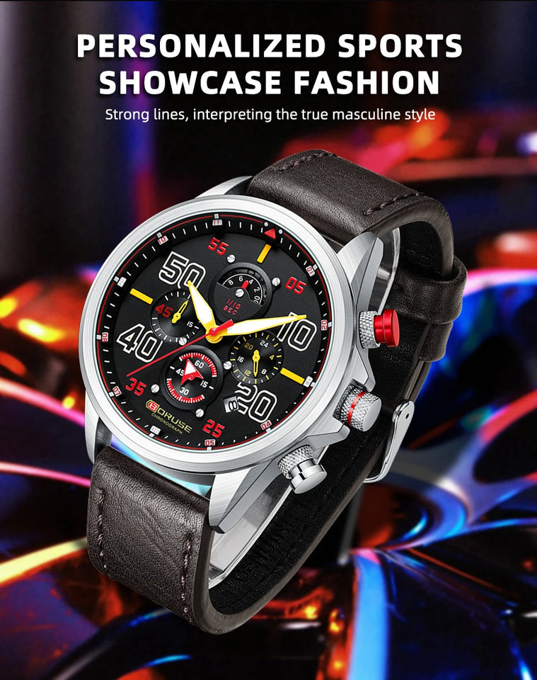 BORUSE Fashion Mens Sports Watches Luxury Men Business Wrist Watch Leather Quartz Watch Waterproof Luminous Male Clock With Box