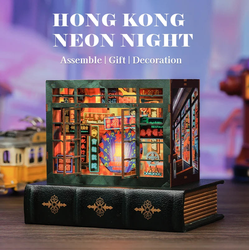 CUTEBEE 3D Wooden Bookend DIY Dollhouse Kit Bookshelf Insert with Led Light Hong Kong Night for Birthday Party Gift