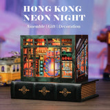 CUTEBEE 3D Wooden Bookend DIY Dollhouse Kit Bookshelf Insert with Led Light Hong Kong Night for Birthday Party Gift