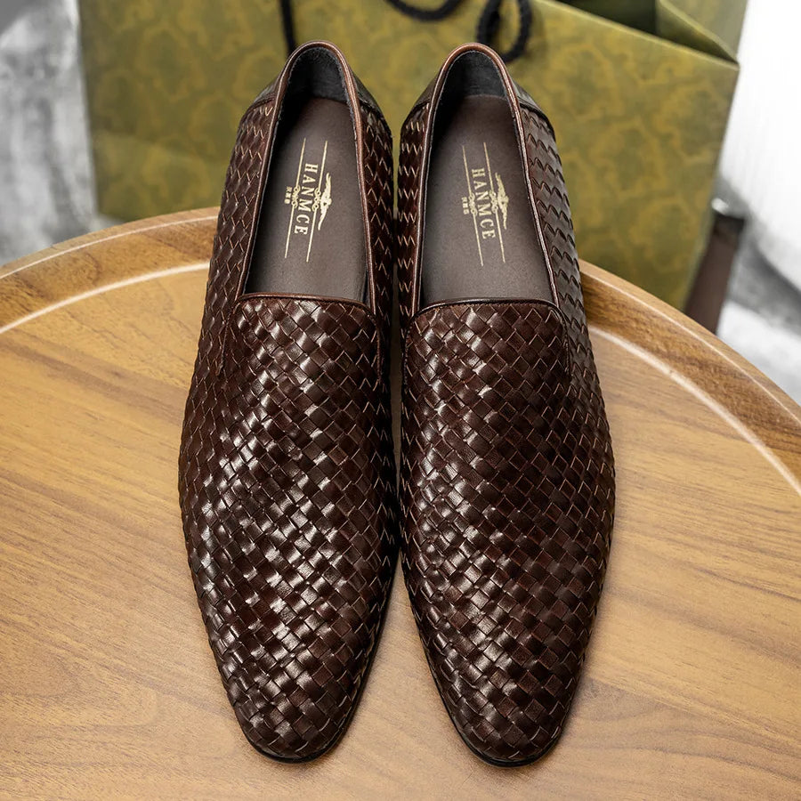 PJCMG Fashion Comfortable Black/Coffee Genuine Knitted Leather Slip-On Pointed Toe Flat Man Casual Classic Formal Dress Shoes