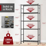 5-Tier Storage Shelves, Heavy Duty Metal Shelving Unit, 1000lb Capacity, Garage Pantry Organizer, 33"x12.6"x72" Black