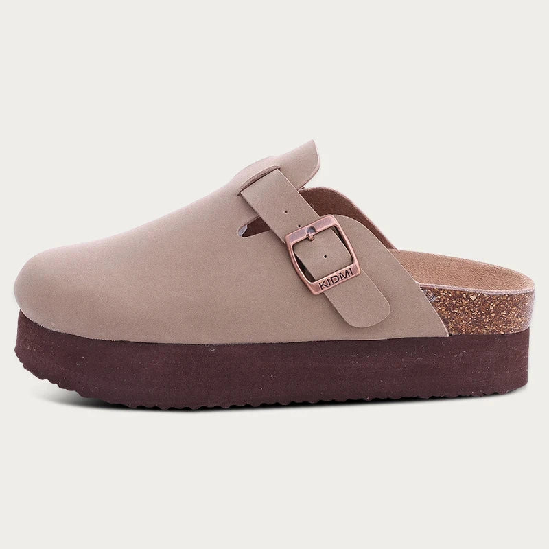 Gacimy Women Fashion Thick Sole Leather Clogs Slippers Classic Women's Mules Cork Clogs Slipper Outdoor Deep Heels Shoes Sandal