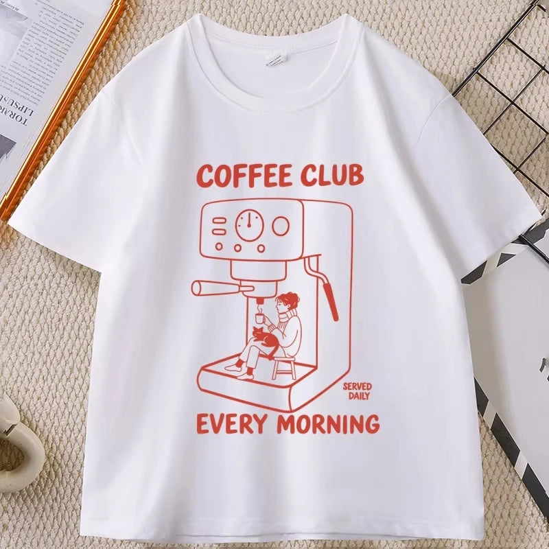 Coffee Club Every Morning Graphic T Shirt Espresso Machine Cozy Coffee Lover Tee Shirt Casual Cotton Short Sleeve Streetwear