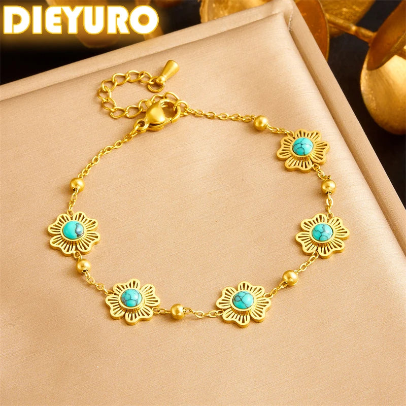 DIEYURO 316L Stainless Steel Retro Turquoise Hollowed Out Flowers Bracelet Women New Trendy New Fashion Wrist Chain Jewelry Gift