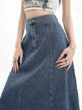 Long Denim Skirt Women 2024 Spring Summer New Arrivals High Elastic Waist A Line Jeans Skirts Korean Fashion Casual Blue Skirts