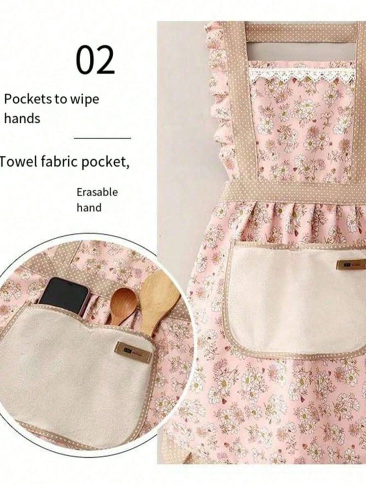 1PC Pink Lovely Canvas Apron Female Household Kitchen Cooking Antifouling Breathable Wear Cleaning Suitable