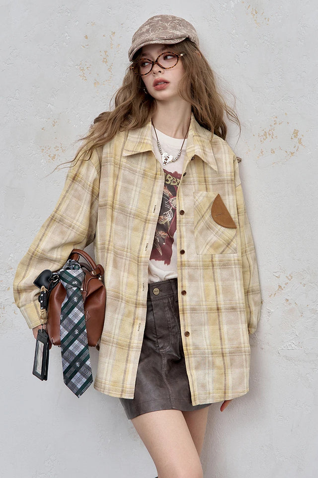 2025 Autumn ELFSACK New Arrivals Casual Color Block Plaid Oversized Long Sleeve Lapel Collar Shirt For Women