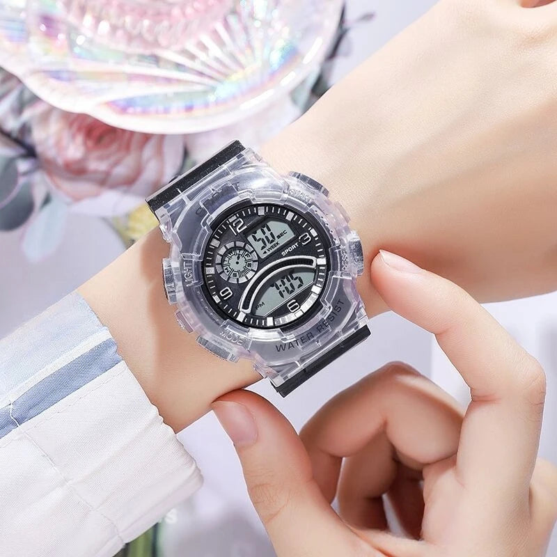 Electronic watch, translucent adolescent student multi-functional sports electronic watch