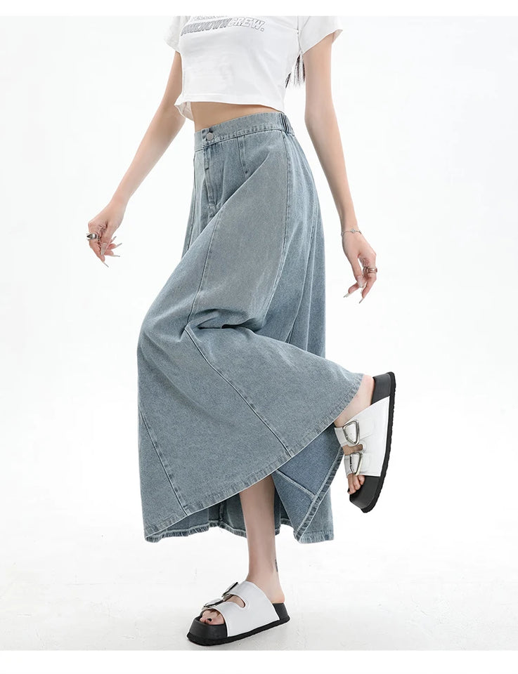 Long Denim Skirt Women 2024 Spring Summer New Arrivals High Elastic Waist A Line Jeans Skirts Korean Fashion Casual Blue Skirts