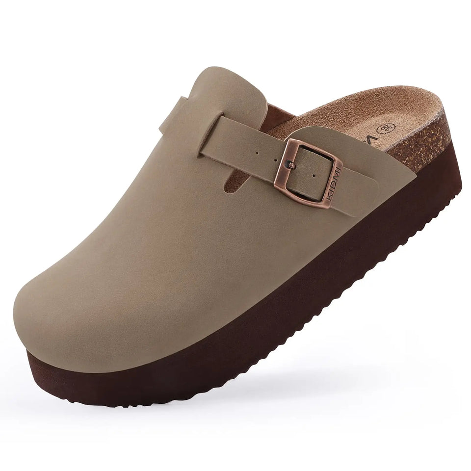Gacimy Women Fashion Thick Sole Leather Clogs Slippers Classic Women's Mules Cork Clogs Slipper Outdoor Deep Heels Shoes Sandal