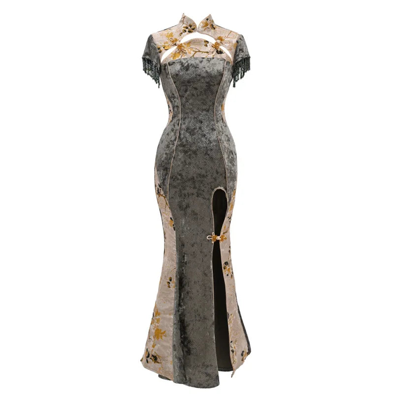 Blood Supply Original New Chinese Cheongsam Slim Dress Tie Tassel Jacquard Tunic Waist Sheath Long Trumpet Dresses Festival