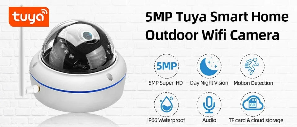 Outdoor Street IP66 Tuya Smart Home IP Camera WIFI Audio Record Waterproof 5MP Wireless CCTV Dome Camera Smart Life APP P2P