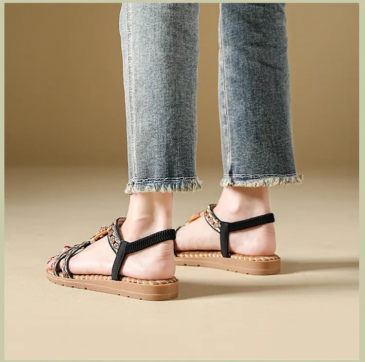 Women's sandals summer bohemian one line elegant slimming anti slip comfortable daily vacation flat beach shoes