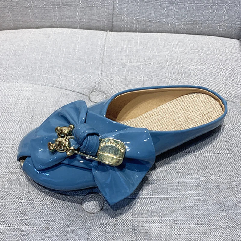 Women Slippers Gold Chain Bear Half Slippers Female Flats Sandals Brand Mullers Plus Size Summer Women Shoes Fashion Bow Slipper