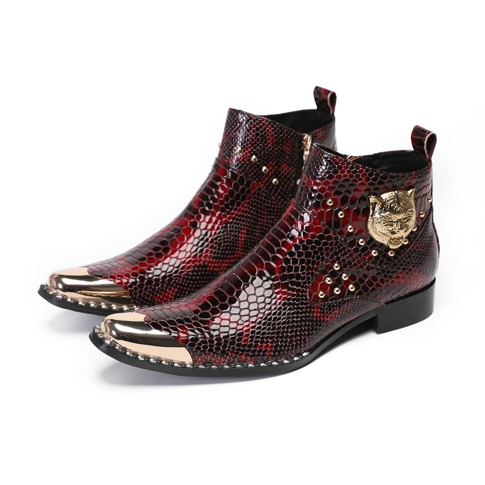 Punk Style Genuine Leather Men Ankle Boots Iron Black Slip On Men Dress Boots Italian Formal Fashion Men Chelsea Boots Pointy