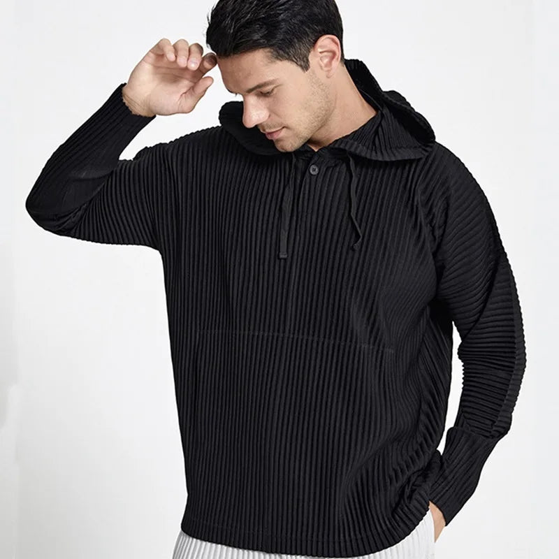 Miyake Pleated Men's Sweatshirt Hoodie Classic Pleated 2025 Summer New Tops Loose Casual Simple Drawstring Pullover Hoodie Male