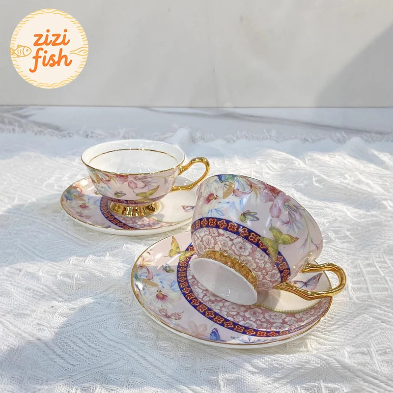 Classical Porcelain Cup&saucer 220ml Gold-plated Coffee Mug Water Mugs Dining Table Afternoon Tea Teacup Fruits Juice Cup