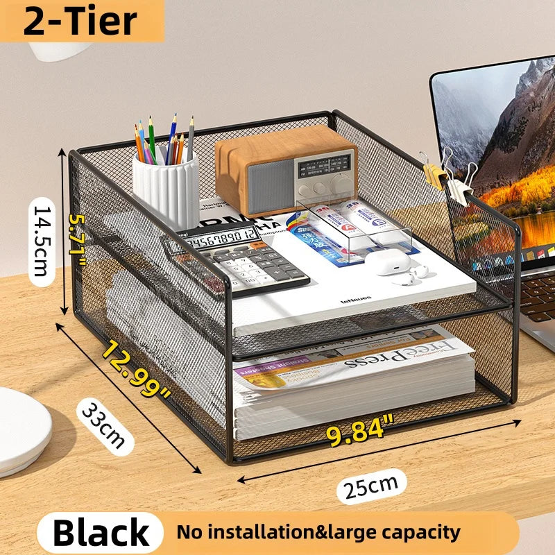 Office File Organizer Capacity Metal Mesh Desk Organizer with Three Layer Design Multifunctional File Holder Paper Storage Rack