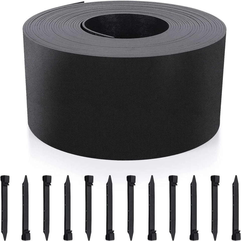 Black Plastic Garden Landscape Edging, 5” Tall Border Coil, Flexible and Strengthened with Anti-UV Treatment