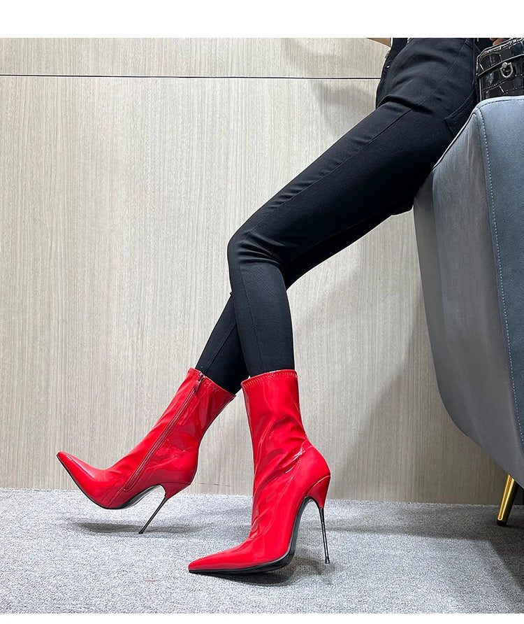 Knee-High Modern Boots Pointy Toe Women Shoes 13cm Ultra Thin Steel High Heels Metal Heel Calf Boots for Women Fun Shoes Size 46