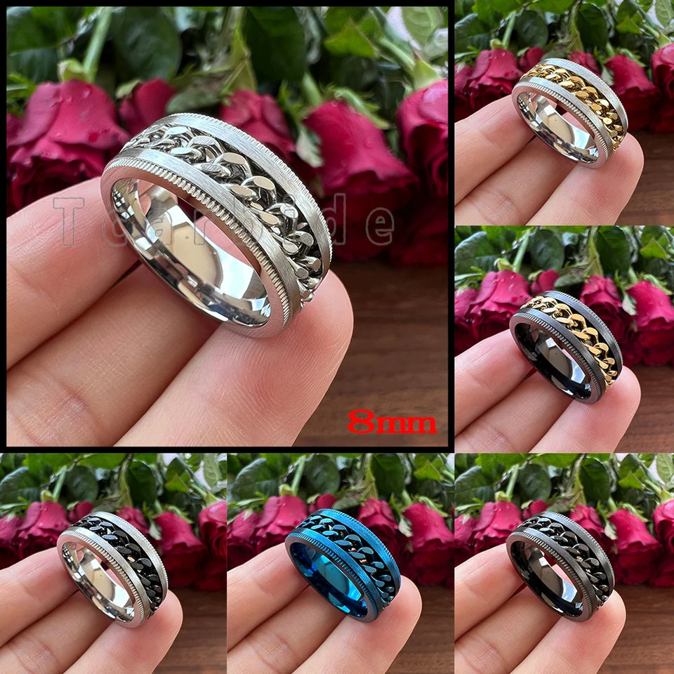 Dropshipping 8mm New Arrivals Men Women Stainless Steel Rotate Chain Ring Stepped Grooved Brushed Festival Fashion Gift Jewelry