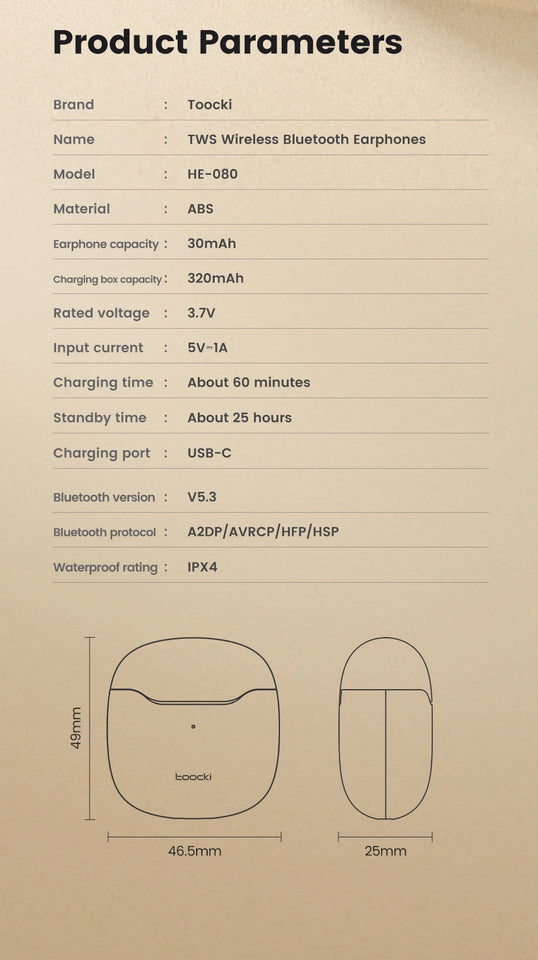 Toocki TWS Wireless Bluetooth Earphones 5.3 IPX4 Waterproof Headset 12M Transmission Distance Long Standby Earbuds Headphones