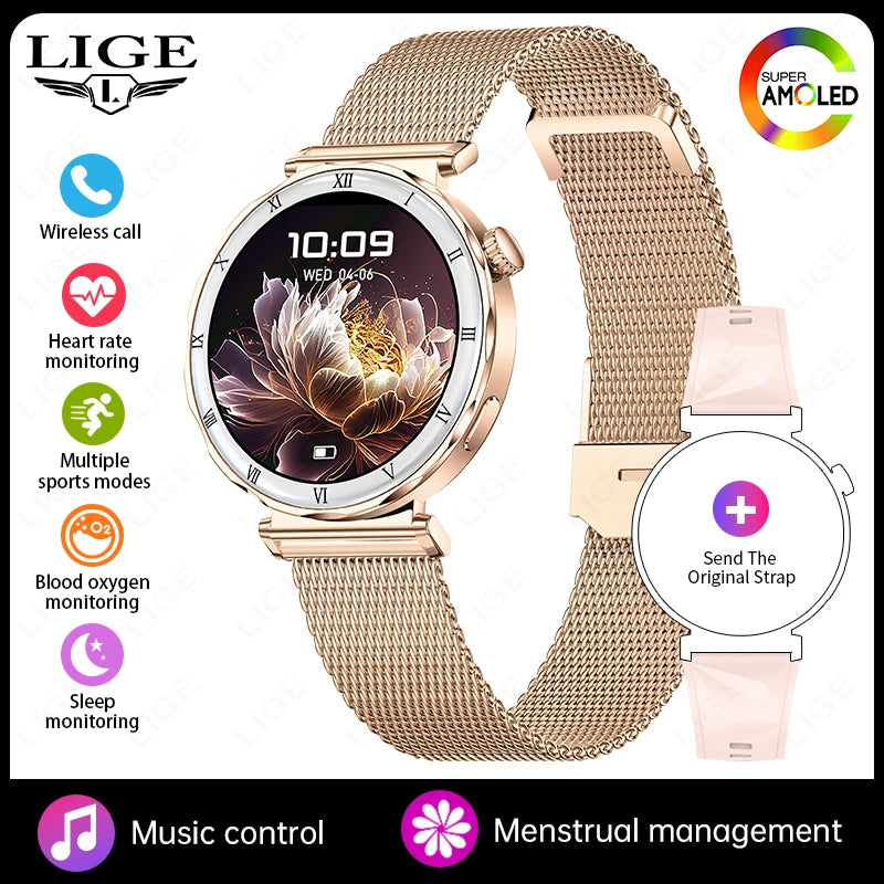 LIGE New 1.19inch AMOLED Fashion Ladies Smart Watch Bluetooth Call Sports Bracelet Women’s Health Waterproof Diamond Smartwatch