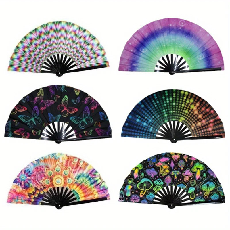 Folding Fan Bright Color Rainbow Starry Sky Color Glow In The Dark Festival Performance Party Supplies Hand Fan Xmas Dance Fan